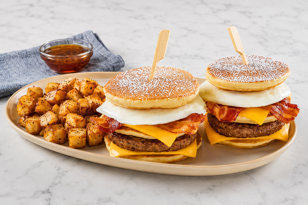 Big Griddle Stacker Platter, Big Griddle Stacker Platter with two pancake breakfast sandwiches layered with sausage, bacon, eggs and cheddar cheese, served with seasoned breakfast potatoes and syrup.
