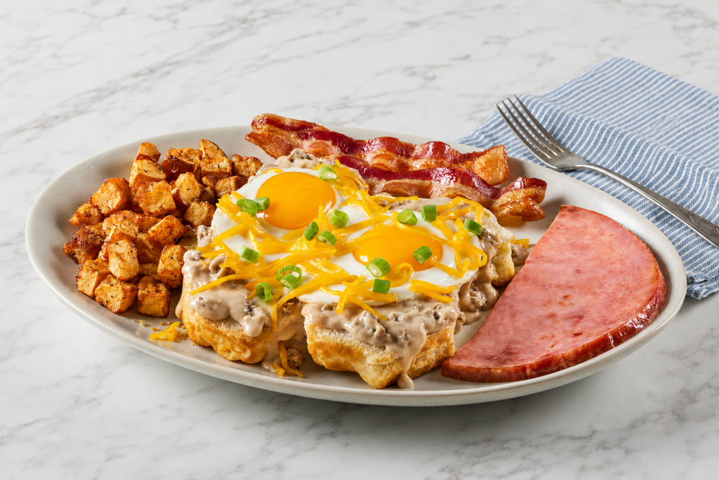 Breakfast, Hearty breakfast platter with biscuits and sausage gravy, two fried eggs, shredded cheddar cheese, crispy bacon, ham and seasoned breakfast potatoes.