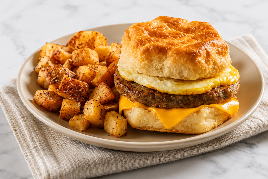 Buttermilk breakfast sandwich with sausage, egg and melted cheese on a flaky biscuit, served with crispy seasoned home fries.