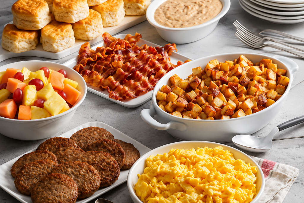 Catering Menu, Breakfast catering spread with scrambled eggs, crispy bacon, sausage patties, seasoned breakfast potatoes, fresh fruit and biscuits.