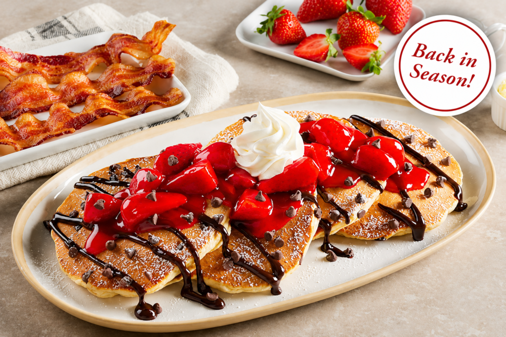 Chocolate strawberry hotcakes topped with glazed strawberries, whipped cream, chocolate drizzle, chocolate chips and powdered sugar, served with crispy bacon.