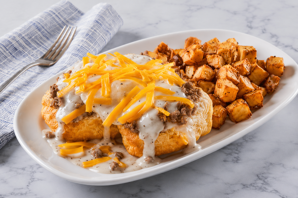 Country Biscuit Breakfast with fluffy biscuits topped with sausage gravy and shredded cheddar cheese, served with crispy seasoned home fries.