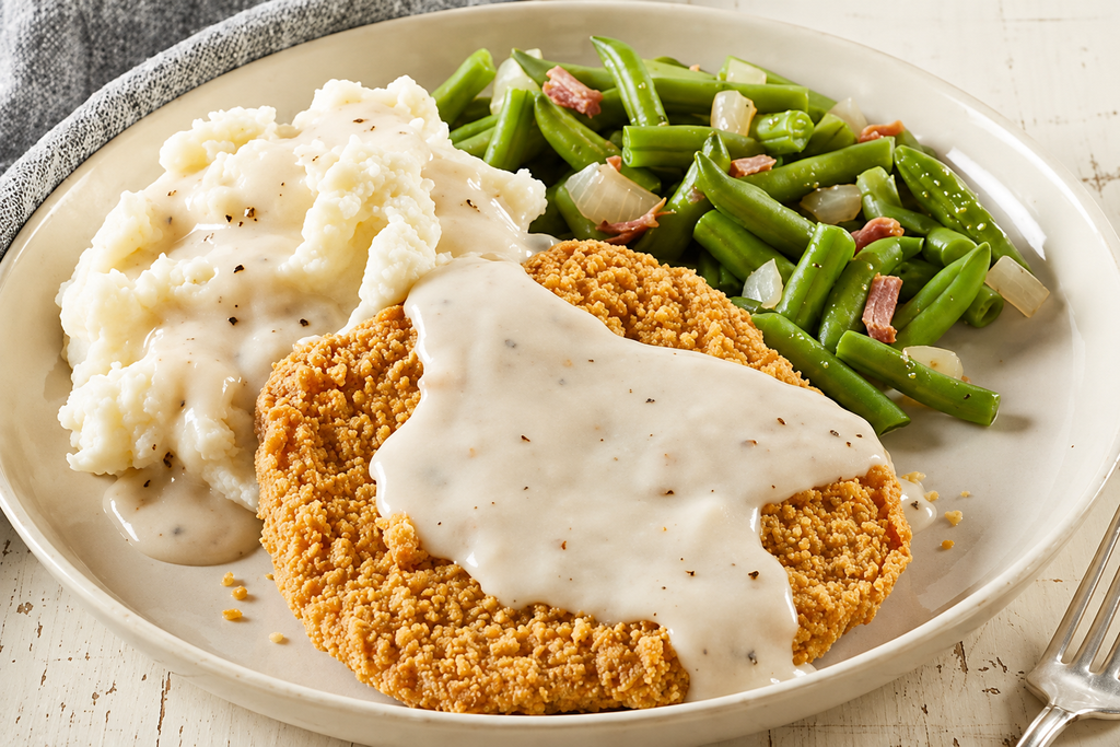 Country-fried steak topped with creamy pepper gravy, served with mashed potatoes and seasoned green beans with onions and bacon.