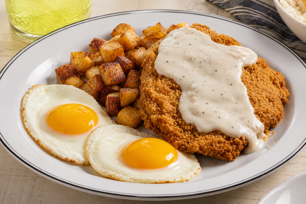 Country-Fried Steak & Farm-Fresh Eggs breakfast with crispy country-fried steak covered in creamy pepper gravy, two sunny-side-up eggs and golden seasoned breakfast potatoes.