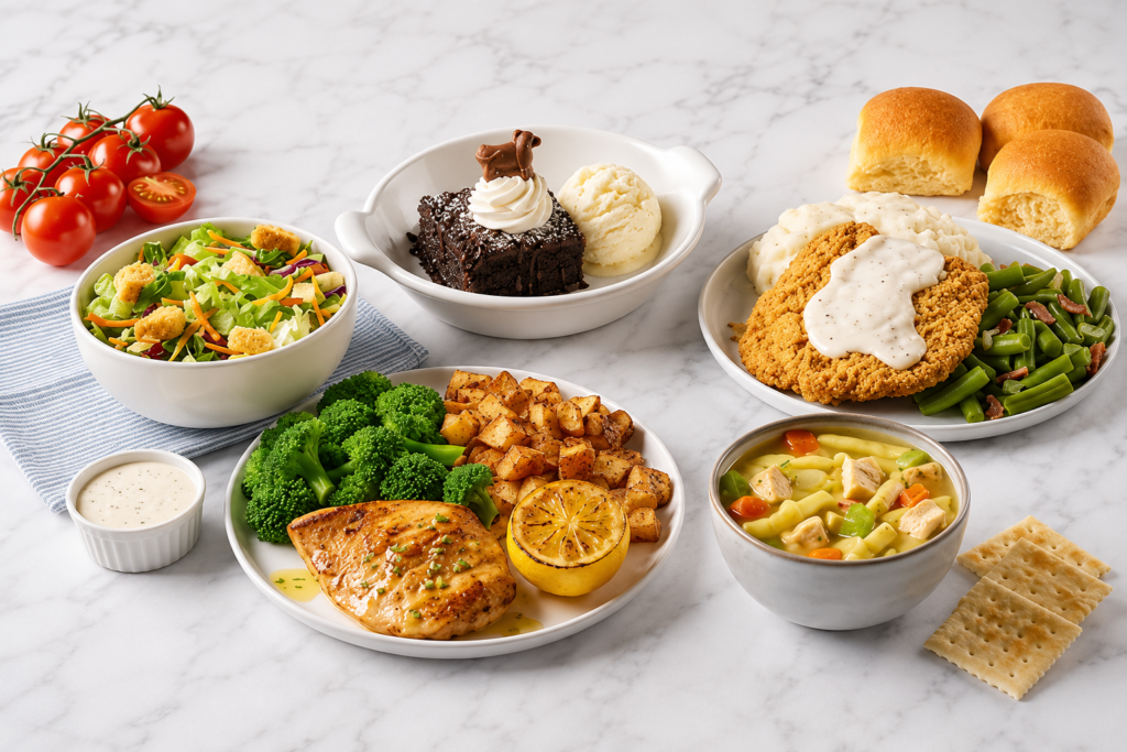 Dinner For 2, Dinner for two with country fried steak and gravy, grilled chicken, mashed potatoes, green beans, broccoli, roasted potatoes, salad, soup, rolls and chocolate dessert.