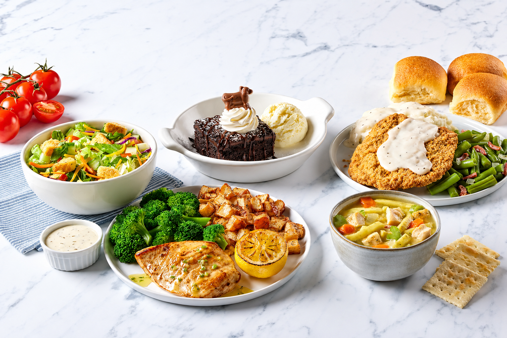 Dinner For 2, Bob Evans Menu, Homestyle comfort food spread with grilled chicken, broccoli, roasted potatoes, salad, soup, chocolate cake, country fried steak, mashed potatoes, green beans and dinner rolls.