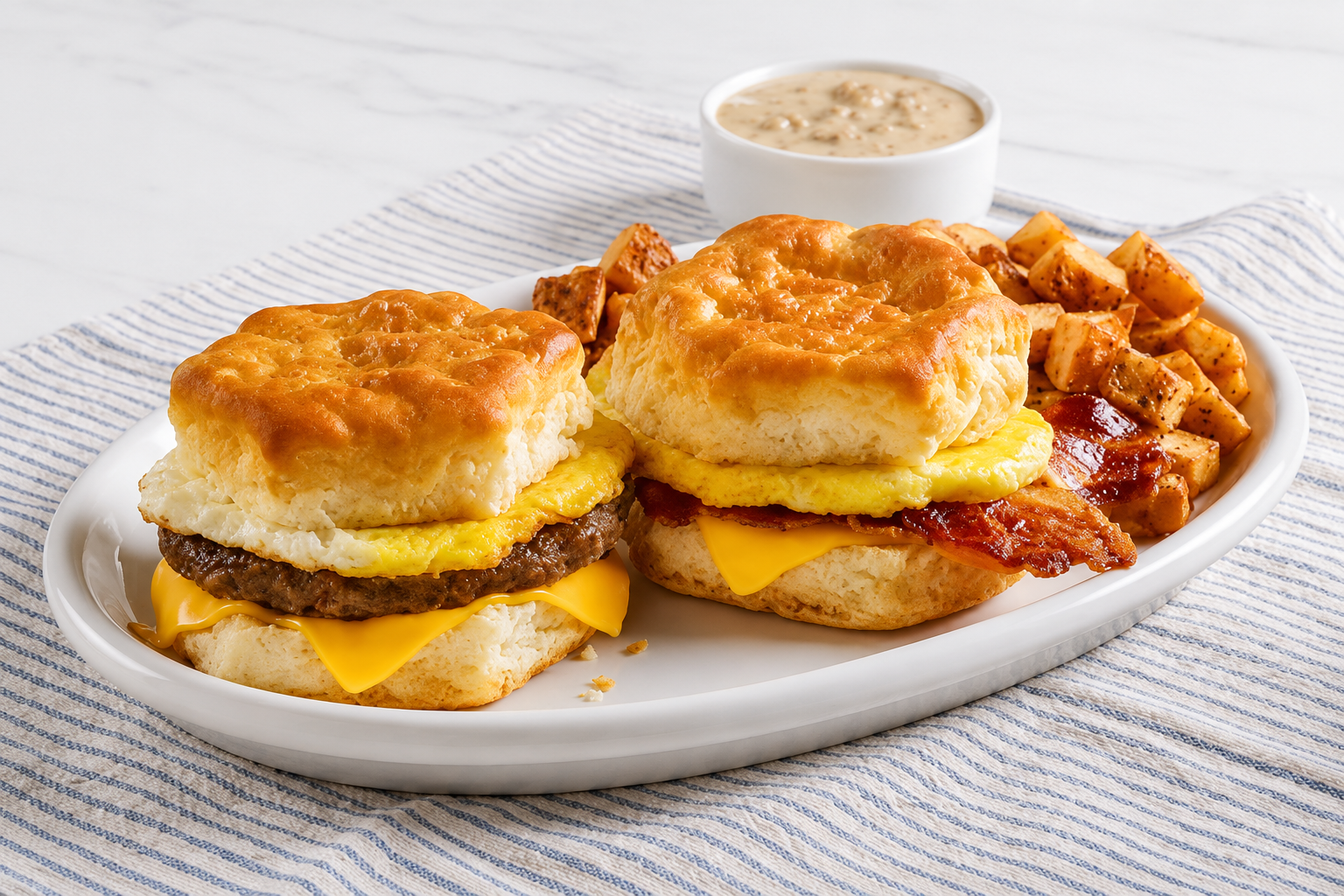 Farmhand Biscuit Sandwich Platter with two golden biscuit breakfast sandwiches filled with eggs, sausage, bacon and melted cheese, served with seasoned breakfast potatoes and creamy gravy.