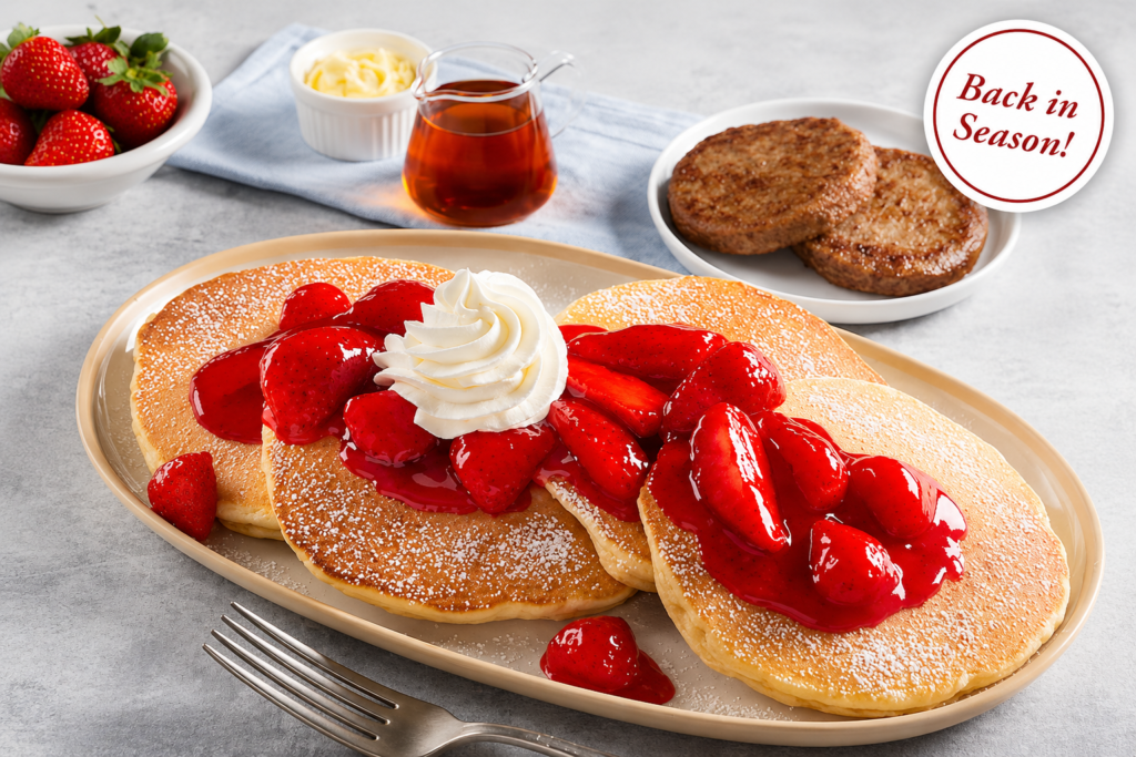 Fresh strawberry hotcakes topped with glazed strawberries, whipped cream and powdered sugar, served with sausage patties and syrup for a seasonal breakfast combo.