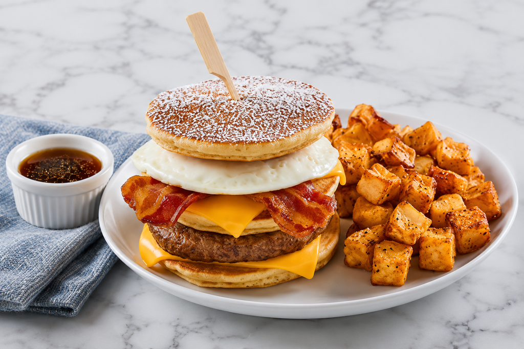 Bob Evans Menu, Griddle Stacker breakfast sandwich with pancakes, sausage, crispy bacon, fried egg and melted cheese, served with seasoned home fries and syrup.