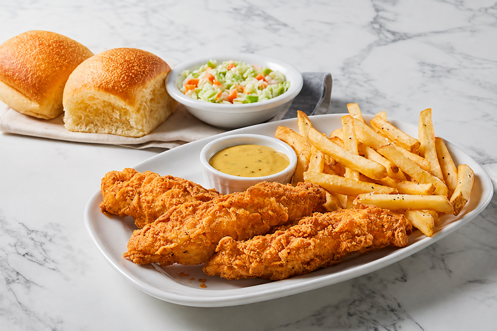 Three hand-breaded chicken tenders served golden and crispy with seasoned French fries, creamy dipping sauce, coleslaw and fresh dinner rolls.