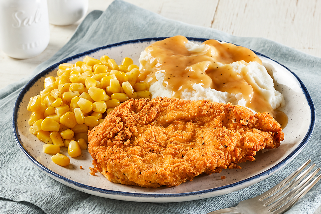 Hand-breaded fried chicken with a crispy golden coating, served with creamy mashed potatoes and gravy plus sweet buttered corn.