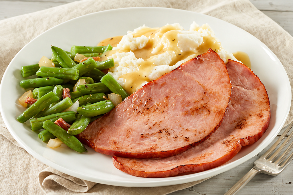 Hickory-smoked ham steaks served with creamy mashed potatoes and gravy, seasoned green beans, onions, and bacon.