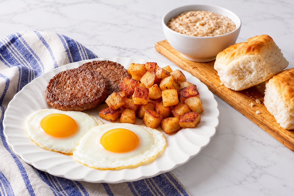 Homestead Farmer breakfast platter with two sunny-side-up eggs, sausage patties and golden seasoned breakfast potatoes, served with fluffy biscuits and a bowl of creamy oatmeal.