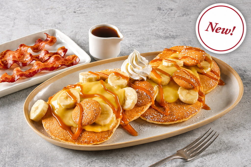 Hotcakes menu, Banana pudding hotcakes topped with banana slices, vanilla wafer cookies, creamy pudding, whipped cream and caramel drizzle, served with crispy bacon and syrup.