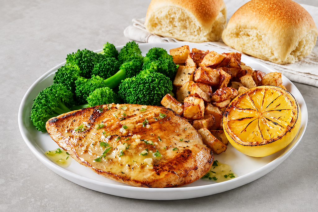 Lemon garlic chicken breast served with fresh steamed broccoli, golden roasted potatoes and grilled lemon for a hearty savory meal.