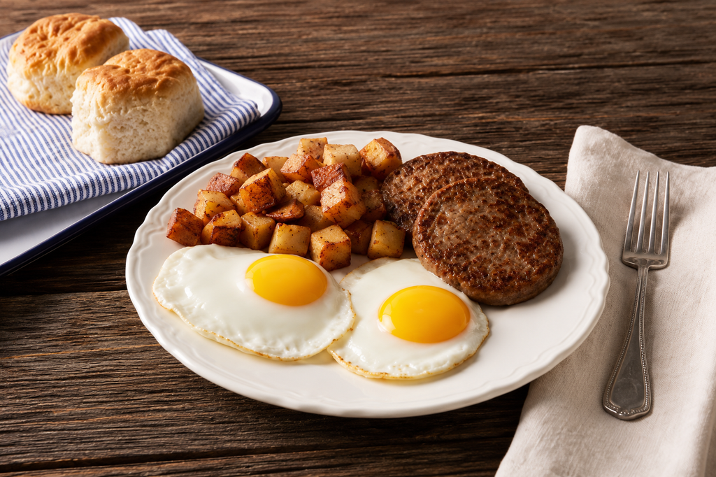 Rise & Shine breakfast platter with two sunny-side-up eggs, two sausage patties and golden seasoned breakfast potatoes, served with warm biscuits on a rustic wooden table.