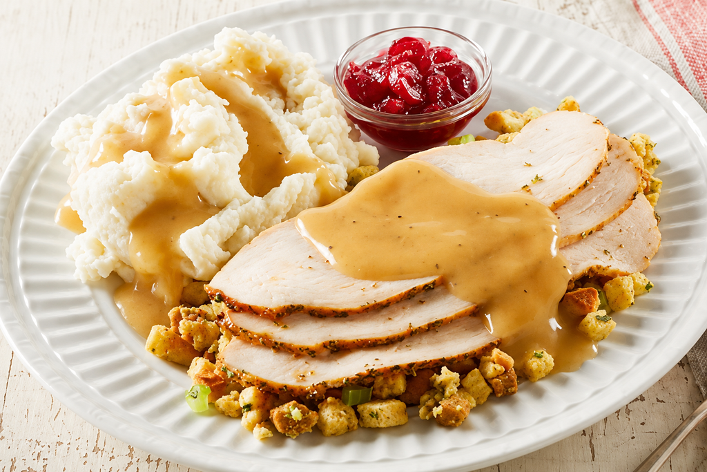 Smaller portion turkey and dressing with sliced roasted turkey, savory gravy, mashed potatoes, stuffing, and cranberry sauce.