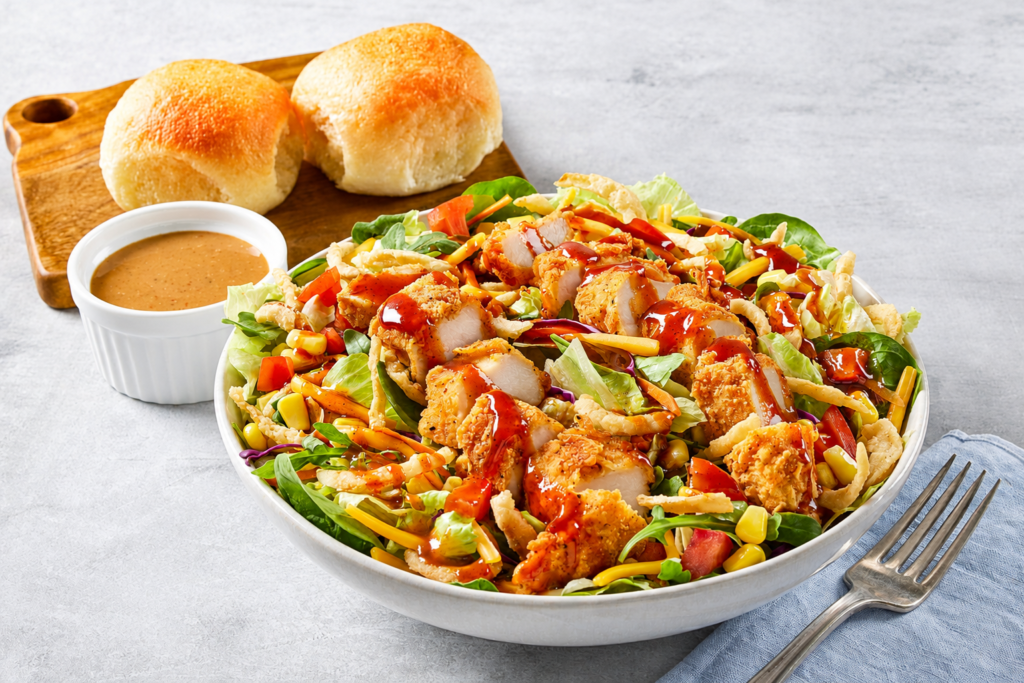 Soups & Salad, Crispy chicken salad with mixed greens, cheddar cheese, corn, tomatoes and crunchy toppings, served with creamy dressing and warm rolls.