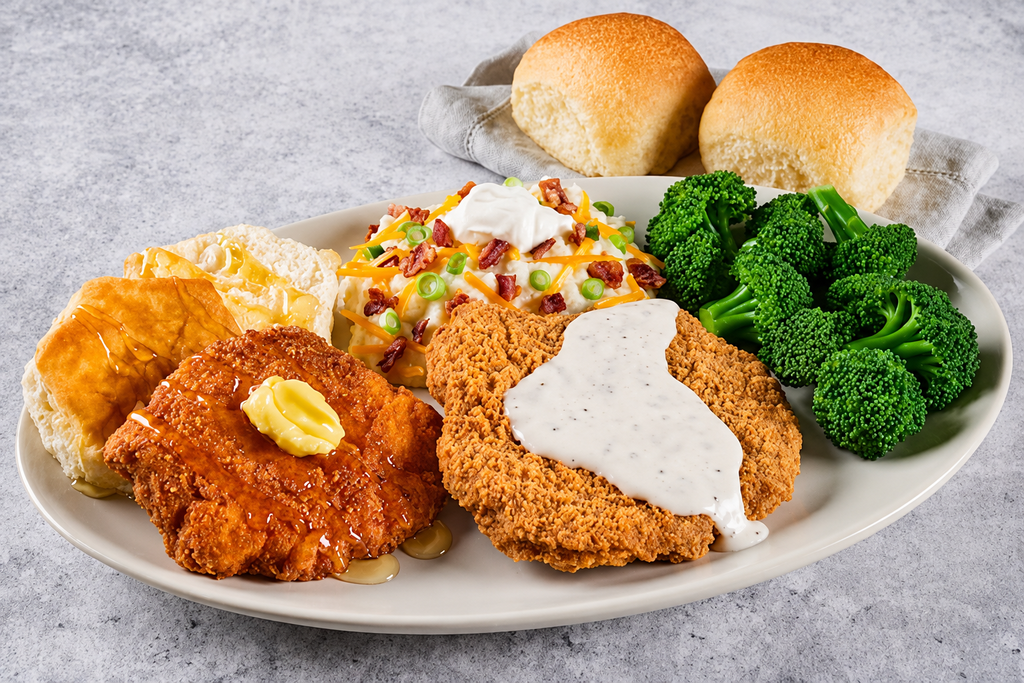 Southern Country Combo with country-fried steak and pepper gravy, crispy fried chicken, loaded mashed potatoes, steamed broccoli, biscuits, and dinner rolls.
