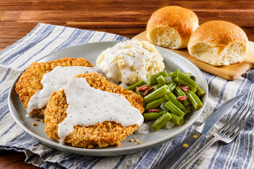 Steak & Seafood, Bob Evans Menu, Country fried steak topped with creamy gravy, served with mashed potatoes, green beans and warm dinner rolls.