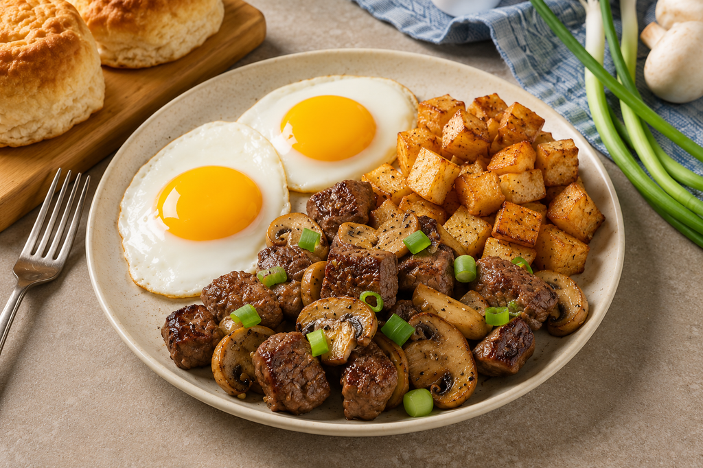 Steak Tips & Eggs breakfast with tender seared steak bites, sautéed mushrooms, two sunny-side-up eggs, golden home fries and fresh green onions.