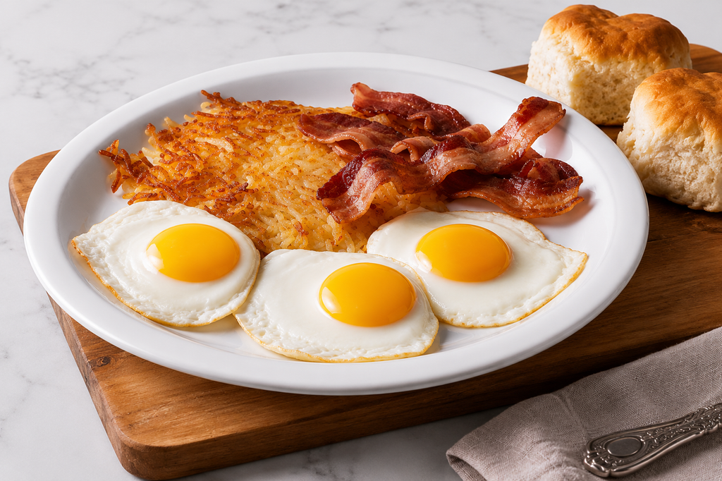 The Big Egg Breakfast with three sunny-side-up eggs, crispy bacon and golden hash browns, served with warm fluffy biscuits for a hearty homestyle breakfast.