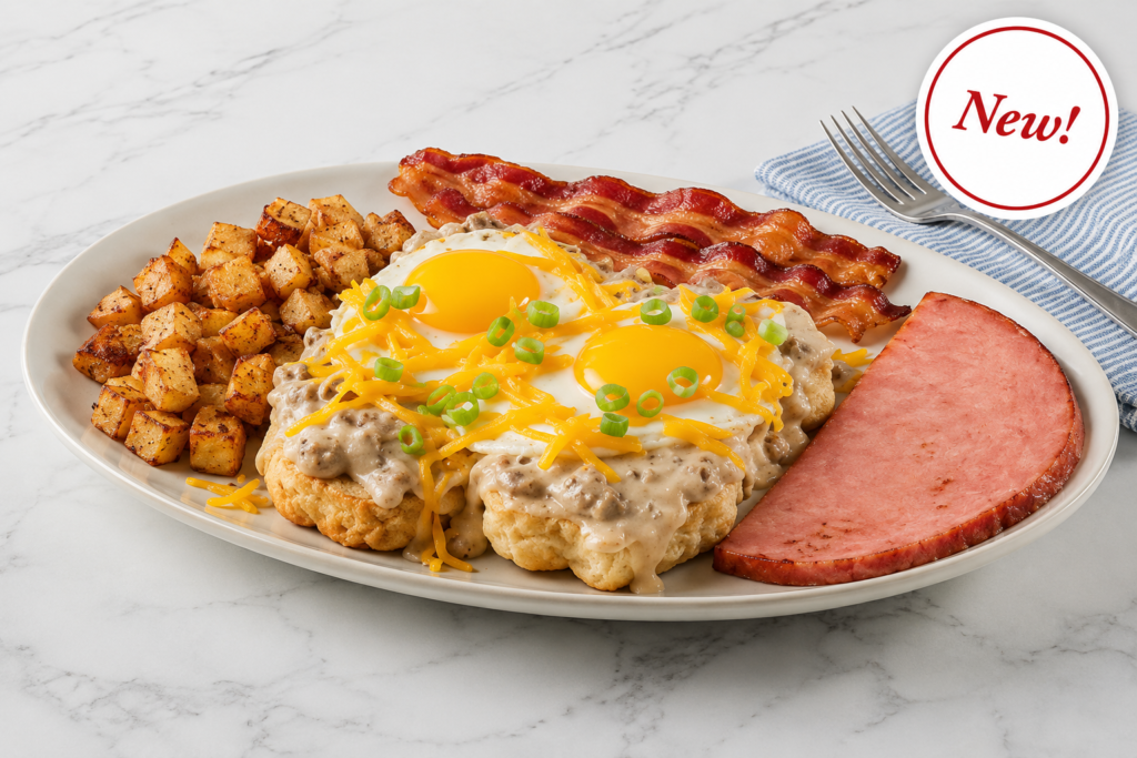 The Big Wrangler Breakfast, Big Wrangler breakfast with biscuits and sausage gravy topped with fried eggs, cheddar cheese and green onions, served with bacon, ham and seasoned breakfast potatoes.