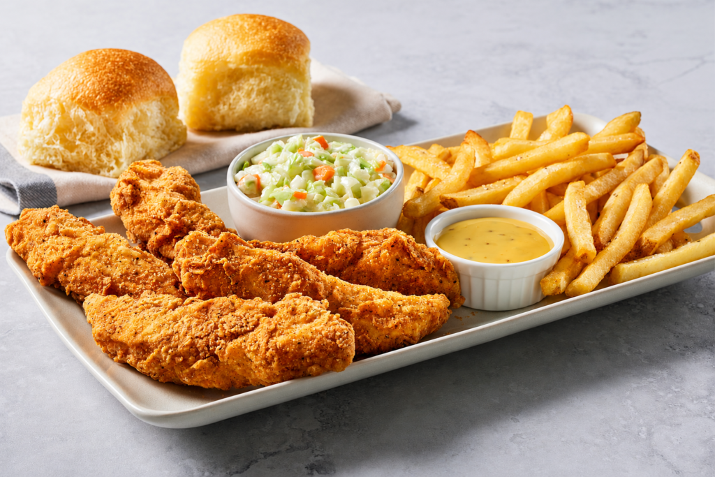 Turkey & Chicken Menu, Crispy fried chicken tenders served with golden French fries, creamy coleslaw, dipping sauce and warm dinner rolls.