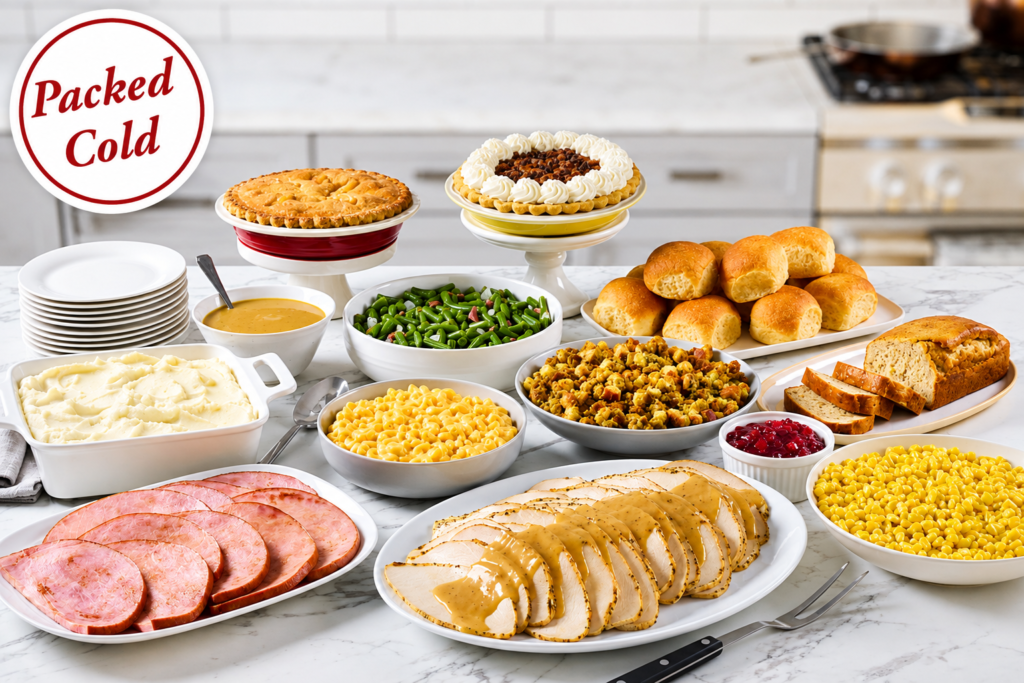 farmhouse feast, Packed cold family meal with sliced turkey and gravy, ham, mashed potatoes, stuffing, green beans, corn, macaroni and cheese, rolls and pies.