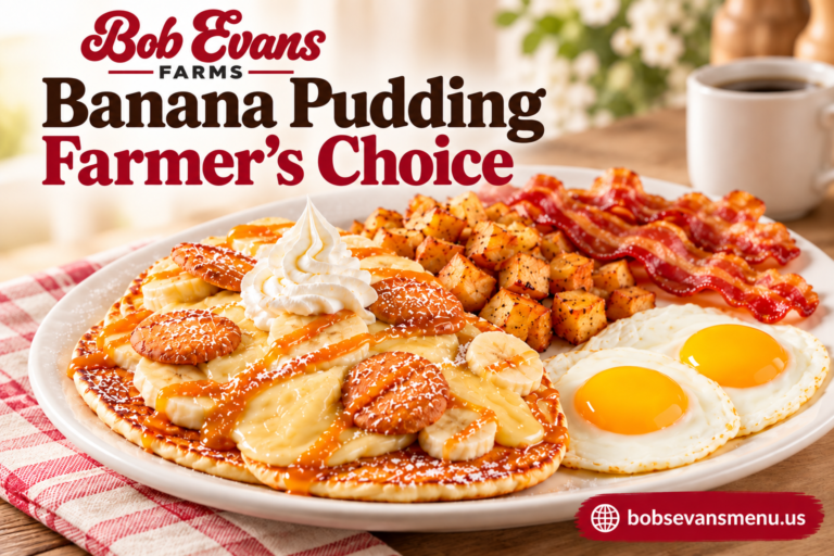 Bob Evans Banana Pudding Farmer’s Choice with banana pudding hotcakes, bananas, caramel, wafers, eggs, bacon and home fries.