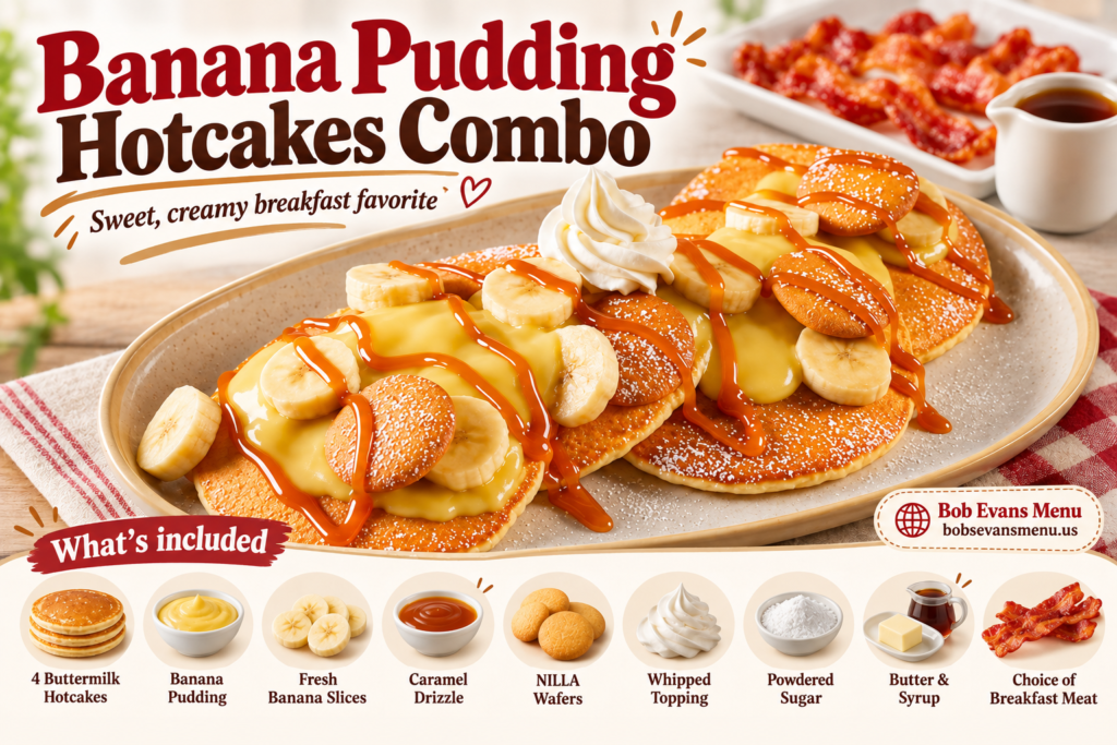 Bob Evans Banana Pudding Hotcakes Combo guide featuring hotcakes with creamy banana pudding, fresh banana slices, caramel drizzle, wafers, whipped topping and breakfast meat.