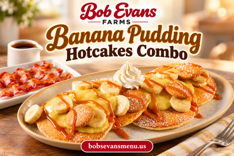 Bob Evans Banana Pudding Hotcakes Combo with four buttermilk hotcakes, banana pudding, fresh bananas, caramel drizzle, wafers and whipped topping.