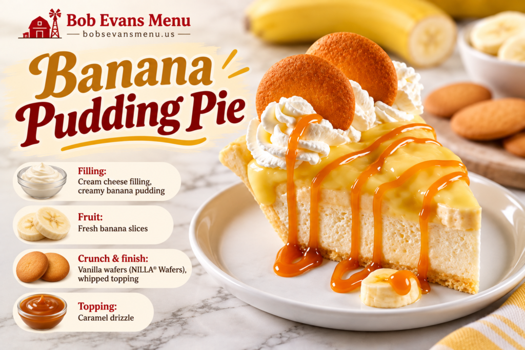 Bob Evans Banana Pudding Pie 2 Banana Pudding Pie infographic showing cream cheese filling, banana pudding, fresh banana slices, NILLA wafers, whipped topping and caramel drizzle.