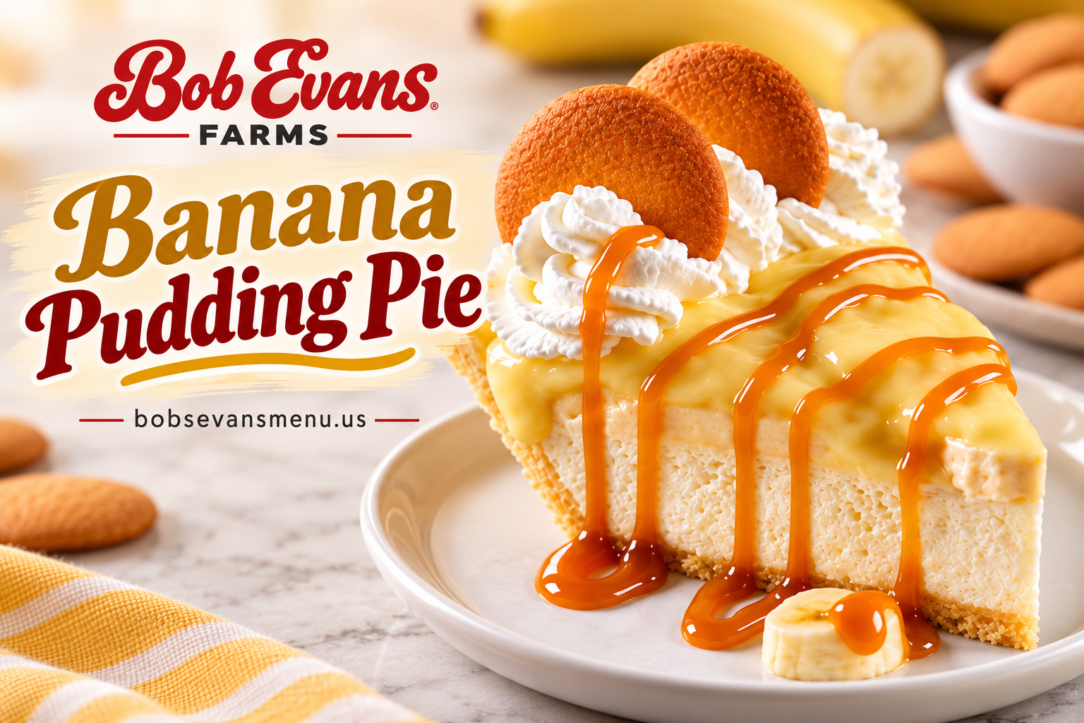 Bob Evans Banana Pudding Pie 1 Bob Evans Banana Pudding Pie with creamy banana pudding filling, whipped topping, vanilla wafers and caramel drizzle.
