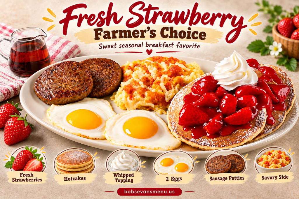 Bob Evans Fresh Strawberry Farmer's Choice 2 Fresh Strawberry Farmer’s Choice infographic showing strawberries, hotcakes, whipped topping, eggs, sausage patties and breakfast side.