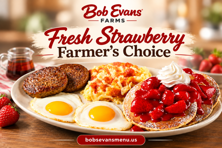 Bob Evans Fresh Strawberry Farmer’s Choice with strawberry hotcakes, whipped topping, eggs, sausage patties and a savory breakfast side.