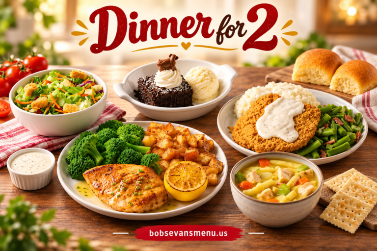 Bob Evans Dinner for 2 with homestyle entrees, sides, salad, soup, warm rolls and dessert.