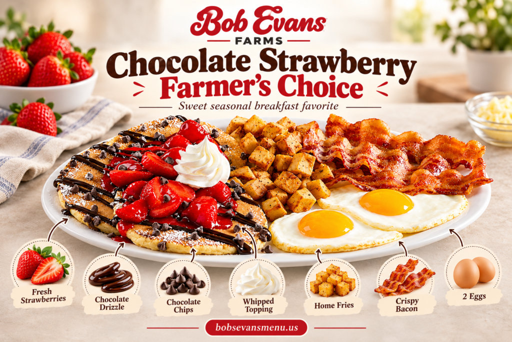 Bob Evans Chocolate Strawberry Farmer's Choice 2 Chocolate Strawberry Farmer’s Choice infographic showing fresh strawberries, chocolate drizzle, chocolate chips, whipped topping, home fries, bacon and eggs.