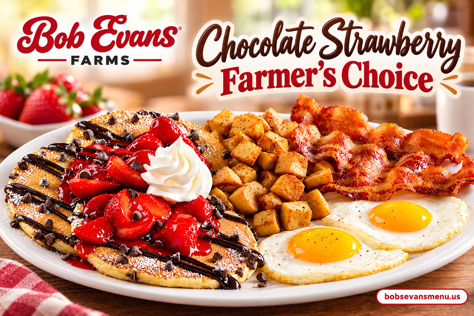 Bob Evans Chocolate Strawberry Farmer's Choice 1 Bob Evans Chocolate Strawberry Farmer’s Choice with strawberry-topped hotcakes, chocolate drizzle, eggs, crispy bacon and home fries.