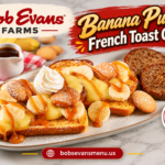 Bob Evans Banana Pudding French Toast Combo with banana slices, vanilla wafers, whipped cream, caramel drizzle and sausage patties