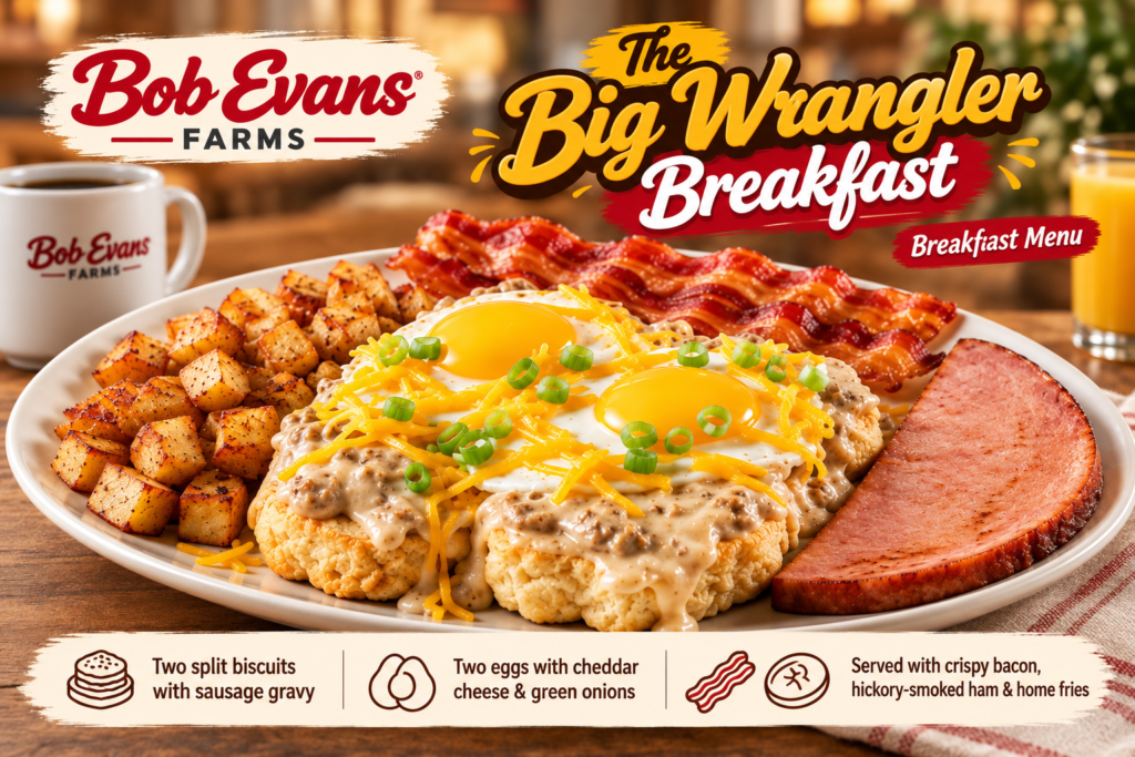 Bob Evans The Big Wrangler Breakfast 2 The Big Wrangler Breakfast price, calories, ingredients, nutrition and what comes with this Bob Evans