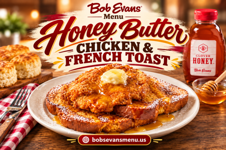 Honey Butter Chicken and French Toast with crispy breaded chicken, golden French toast, honey and butter on a rustic plate. Copy alt text
