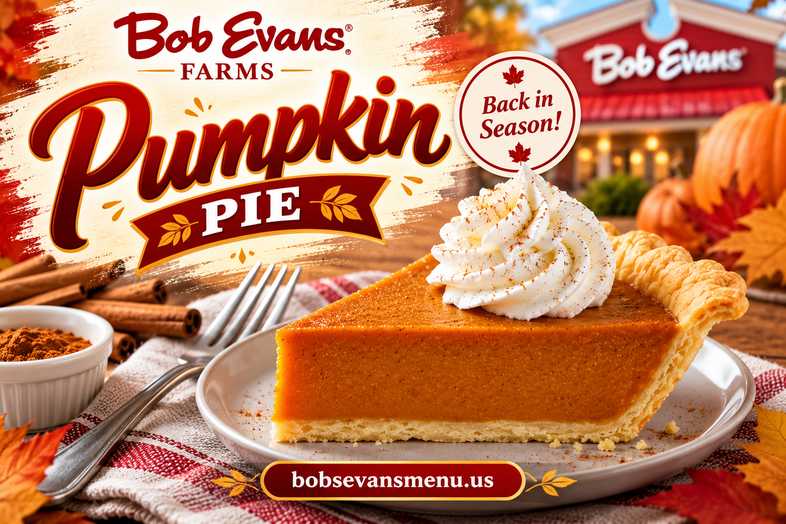 Slice of Bob Evans-style pumpkin pie topped with cinnamon-dusted whipped cream on a plate with autumn decorations.