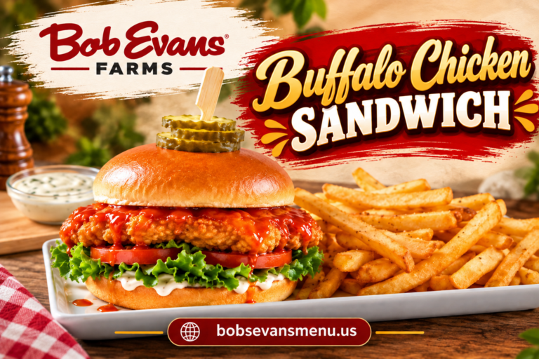 Bob Evans Buffalo Chicken Sandwich with crispy chicken, pickles, lettuce, tomato and fries