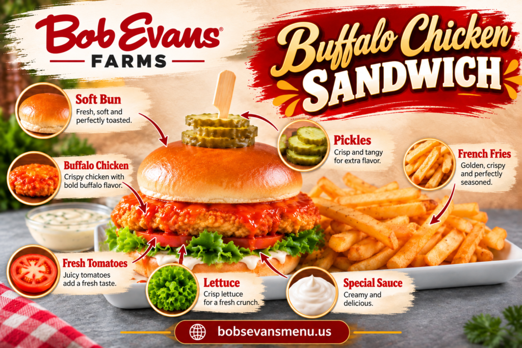 Bob Evans Buffalo Chicken Sandwich infographic showing buffalo chicken, soft bun, pickles, tomatoes, lettuce, sauce and fries