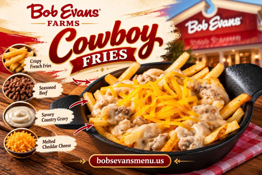 Bob Evans Cowboy Fries with crispy French fries, sausage gravy, and cheddar cheese in a menu infographic.
