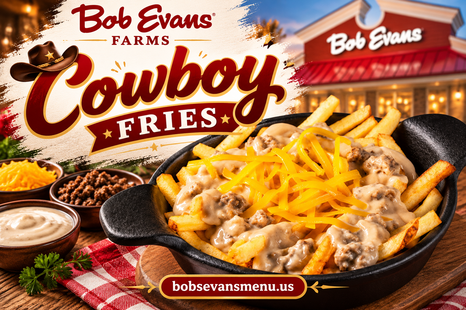 Bob Evans Cowboy Fries topped with crispy French fries, sausage gravy, and melted cheddar cheese in a cast iron skillet.