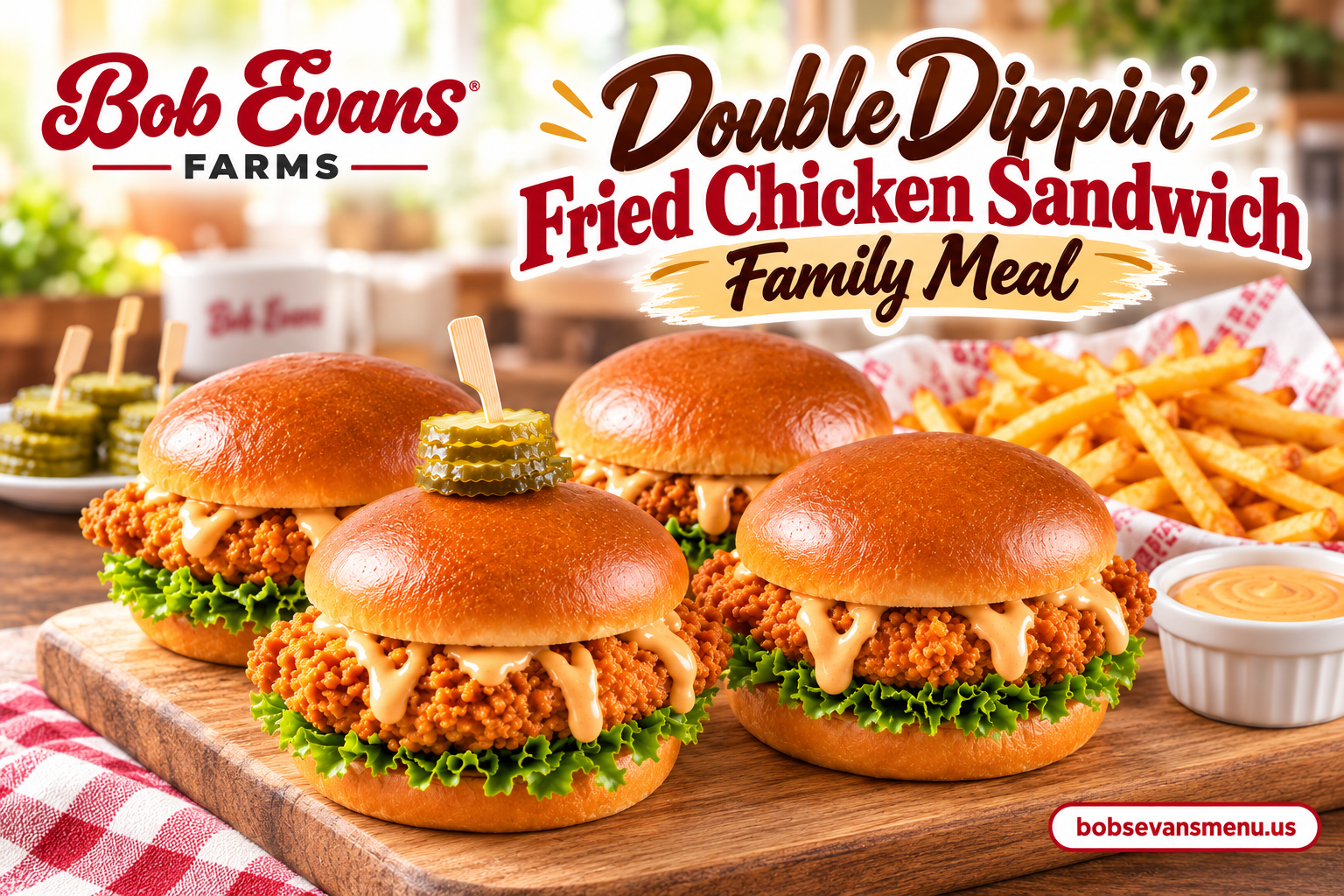 Double Dippin’ Fried Chicken Sandwich Family Meal with crispy fried chicken sandwiches, fries, and dipping sauce
