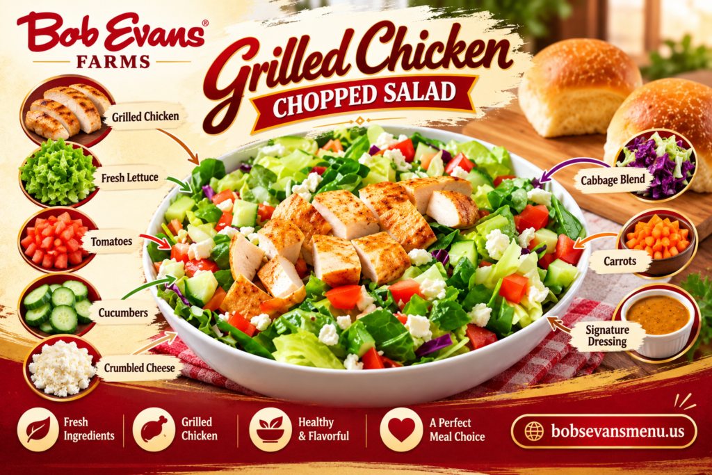 Grilled Chicken Chopped Salad with fresh vegetables and grilled chicken, Bob Evans menu infographic
