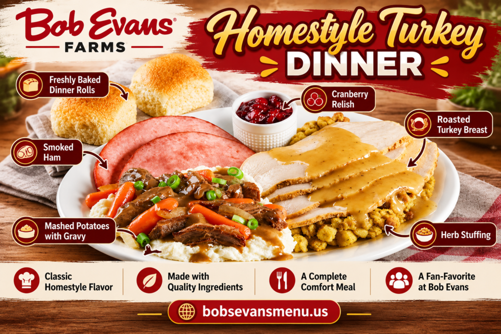 Bob Evans Taste of the Farm Trio plate with sliced turkey, ham, stuffing, mashed potatoes, gravy, vegetables, cranberry sauce and rolls.